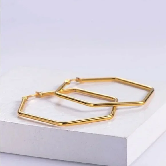 Gold Plated Stainless Steel Geometric Hoop Earrings - Picture 3 of 3